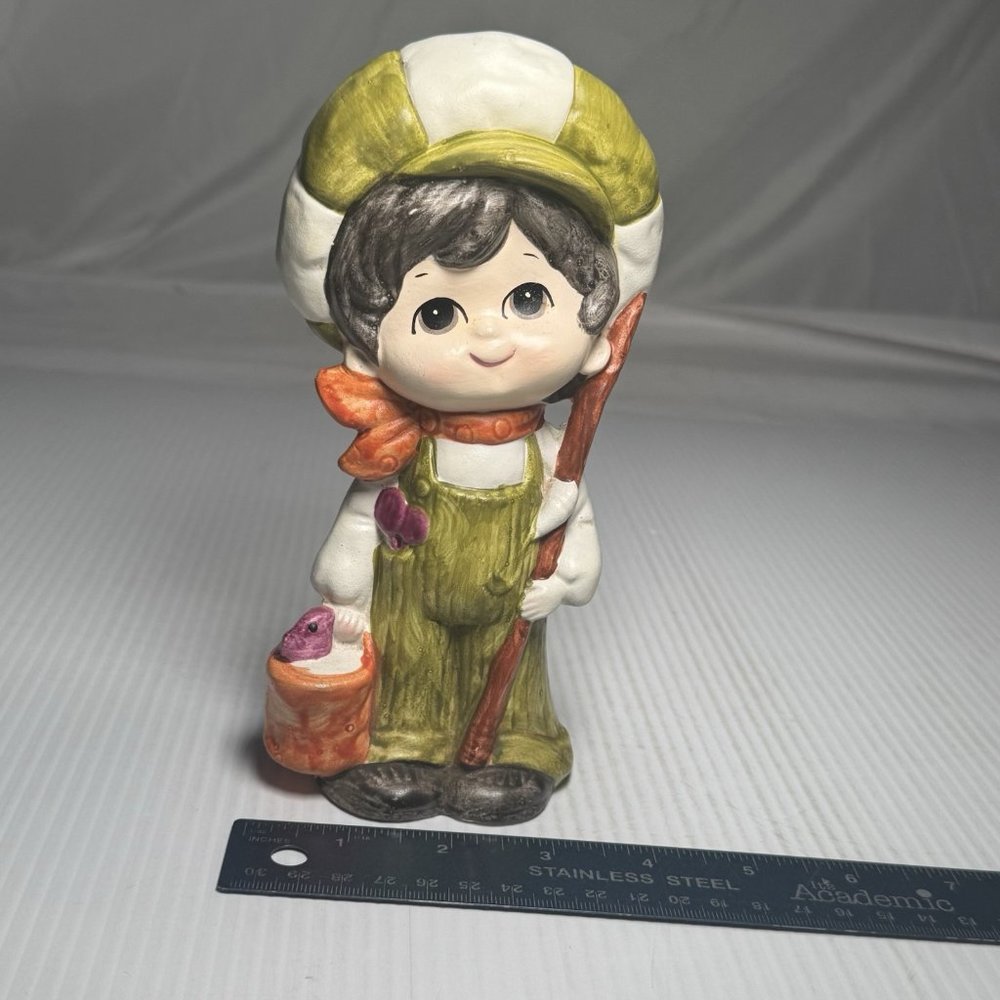 Coin Bank, Boy Fishing Figurine, Ceramic, Retro, Vintage 70's, 7 Inches Tall